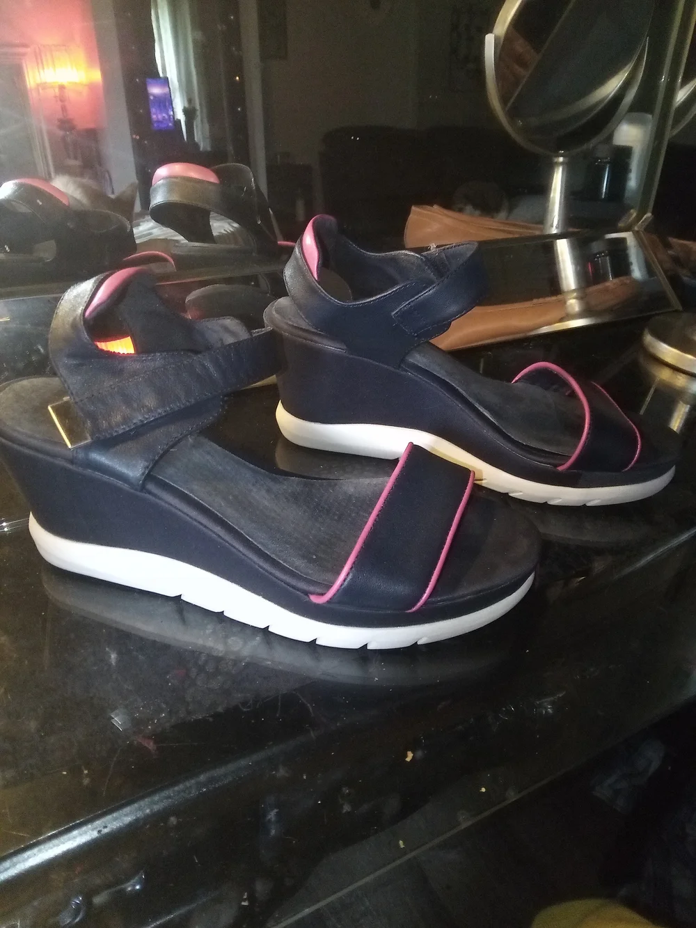 Skechers Navy Wedge Sandals with Pink Trim